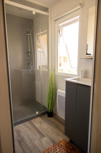 une salle de bain avec douche et lavabo dans l'établissement Mobile-home 4 à 6personnes au camping LES VIVIERS, à Lège-Cap-Ferret