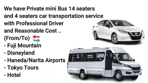 a white shuttle bus and seats car transportation service with professional driver and reasonable cost at Entire Hotel Beside Asakusa, Ueno, Akihabara and Tokyo Skytree tower between 3 Train Stations and Contains 3 Bedrooms, 2 Bathrooms and 2 toilets for 14 guests in Tokyo
