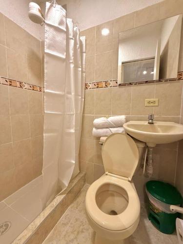 a bathroom with a toilet and a sink at Hotel Aerocafe Pereira in Pereira