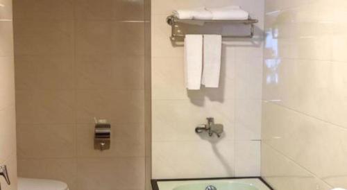 a bathroom with a shower with a toilet and towels at Hung Long Hotel in Bắc Ninh