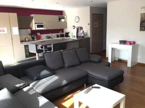 un salon avec un canapé et une cuisine dans l'établissement 3 pièces près de la Promenade, à Nice