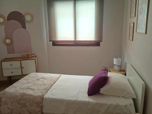 a bedroom with a bed with a purple pillow at Piso 'Esquina del Molino' in Berja