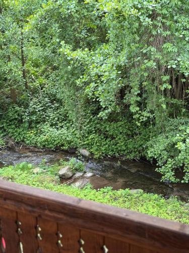 a wooden bench next to a stream of water at Kuća ispod Rajca in Slavkovica