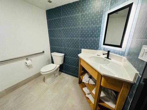 a bathroom with a sink and a toilet and a mirror at Country Inn & Suites by Radisson, Canton near Hall of Fame in Canton