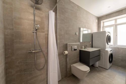 a bathroom with a shower and a toilet and a sink at Newly Renovated 2BR with Balcony in Copenhagen