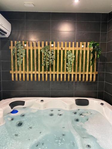 un bain à remous dans une salle de bain avec des plantes sur un mur dans l'établissement Suite Zen Room, à Villeneuve-le-Roi