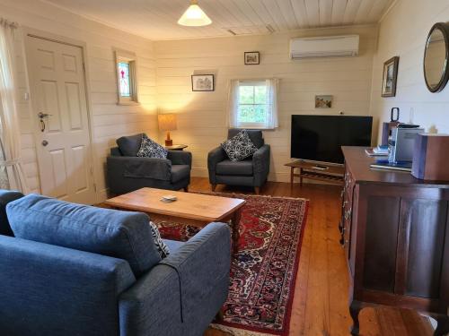 a living room with a blue couch and a tv at Schoolhouse Cottage - American River in American River