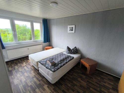 a bedroom with a bed and two windows at Möbliert Wohnen in Weickelsdorf in Bahnhof Weickelsdorf