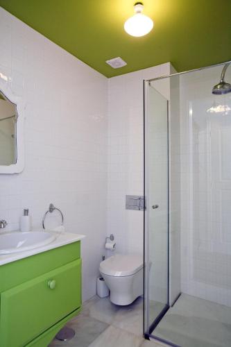 a bathroom with a toilet and a sink and a shower at Mercearia da Vila in Ponte de Lima