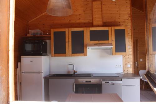 une cuisine avec des appareils électroménagers blancs et des armoires en bois dans l'établissement Volcans Vacances Les Chalets Du Lac, à Aydat