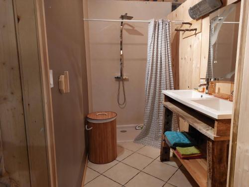 une petite salle de bain avec un lavabo et une douche dans l'établissement La Chaumière aux Biches, à La Celle-sous-Gouzon