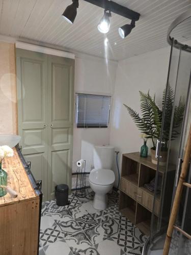 La salle de bains est pourvue de toilettes et d'une plante. dans l'établissement Une nuit au domaine, à Saint-Léonard-en-Beauce