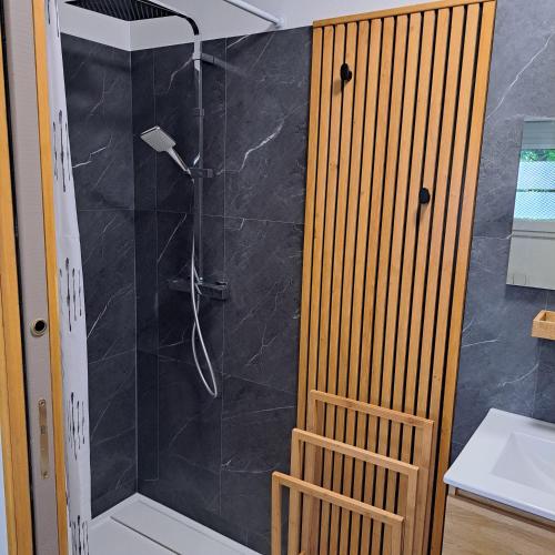 La salle de bains est pourvue d'une douche avec un mur noir. dans l'établissement Ty Colibri Lannion, à Lannion