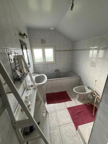 a bathroom with a sink and a tub and a toilet at Gite de Lavardin in Saint-Aubin-de-Locquenay