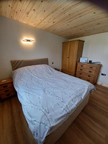 a bedroom with a bed and a wooden ceiling at Dunroaming Cabin in Pendine