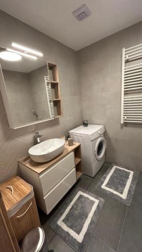 a bathroom with a sink and a washing machine at Cozy Flat by High Tatras! in Poprad