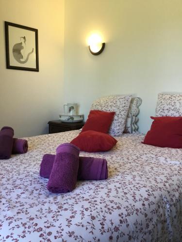 a bedroom with a bed with purple and red pillows at La maison du bonheur in Milhac