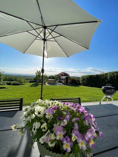 a vase of flowers sitting on a table with an umbrella at Ferienhaus Auszeit in Laubach