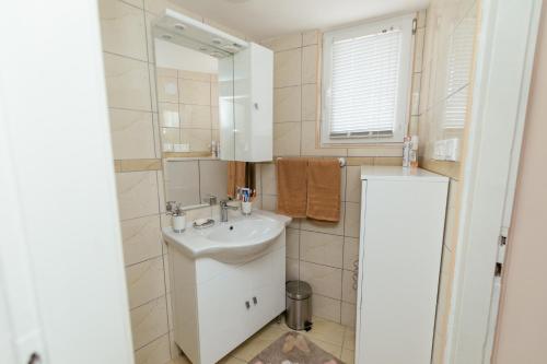 a bathroom with a sink and a mirror at Holiday Home Gracia in Luka
