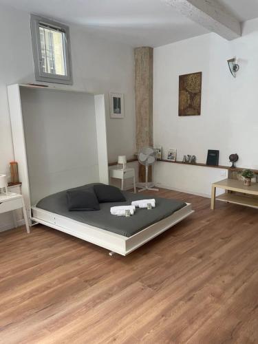 une chambre avec un grand lit dans une pièce avec parquet dans l'établissement Le Montpelliérain - Studio dans l’écusson !, à Montpellier