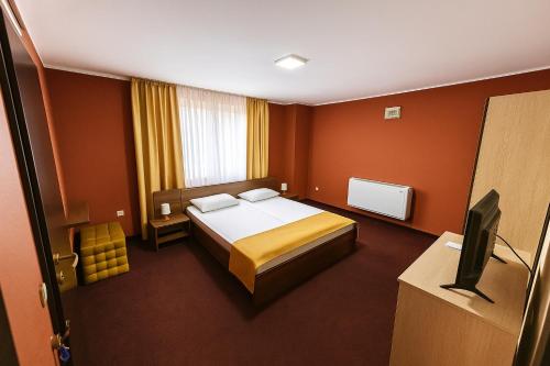 a hotel room with a bed and a television at Pensiunea Luca in Baile Felix