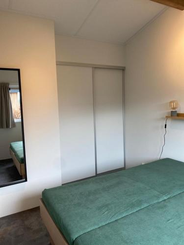 a bedroom with a green bed and a mirror at 5 Persoons chalet met airco en tuin met privacy in Teuge