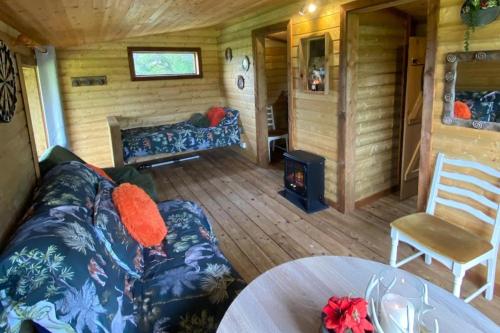 a living room with a couch and a fireplace at Lakeside Lodge - Castlemartyr - Sleeps 4 in Castlemartyr