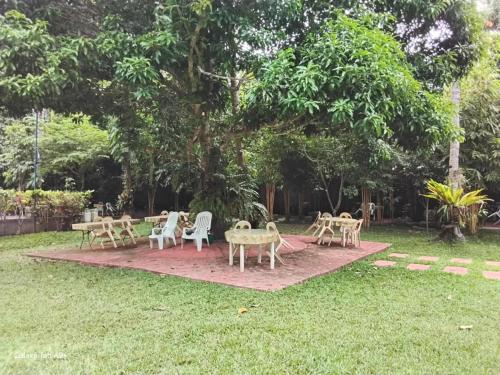 a group of tables and chairs under a tree at Camiguin Lanzones Resort in Mambajao