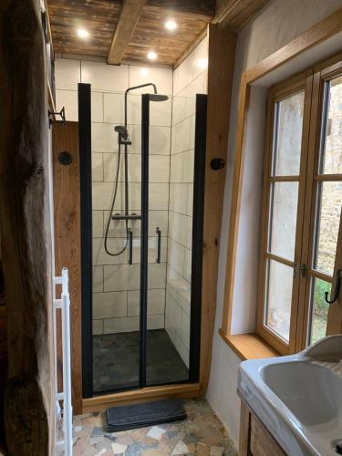 une douche avec une porte vitrée dans une salle de bain dans l'établissement Gîte MTB Morvan voor fiets en natuurliefhebbers, à Cussy-en-Morvan