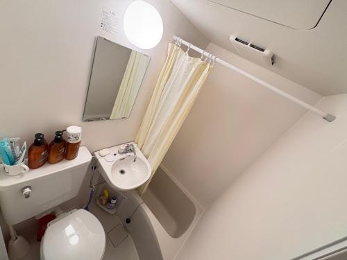 Un baño con inodoro, lavabo y espejo. en hostel sunflower 302, en Osaka