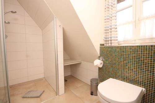 a bathroom with a toilet and a glass shower at Dat Lilli und Anni Huus in Böhl
