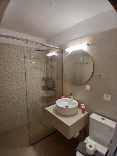 a bathroom with a sink and a shower and a toilet at Pension Eleni in Nafplio