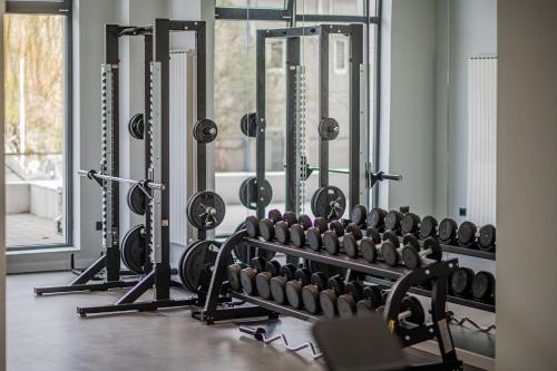 a gym with several rows of dumbbells on display at Beatrice Apartment in Odyssey Pool & Spa-parking in Mamaia