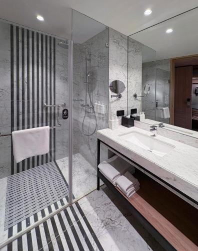 a bathroom with a sink and a shower at Mercure Kathmandu Sukedhara Heights in Kathmandu