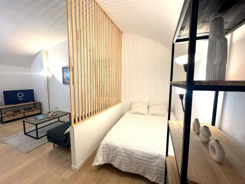 Cette petite chambre dispose de lits superposés et d'une échelle. dans l'établissement Studio vieux nice coulee verte, à Nice