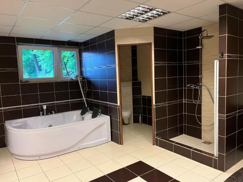 a large bathroom with a tub and a shower at ATC Kemp Kajlovec in Hradec nad Moravici