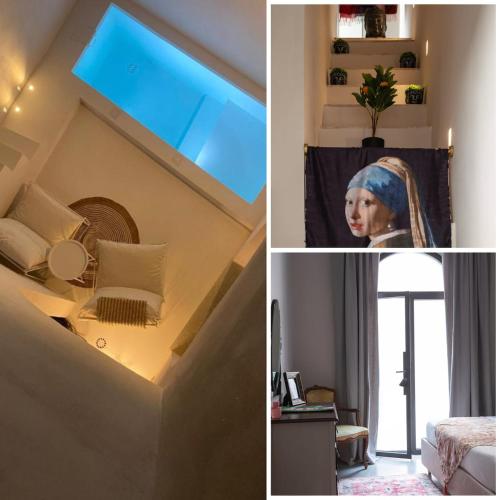 Poolside Paradise in Puglia - Il Dolce di Lecce في ليتشي: امرأة تجلس في غرفة ذات سقف أزرق