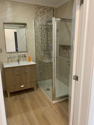 a bathroom with a shower and a sink at Edificio Luisa Premium in Velas