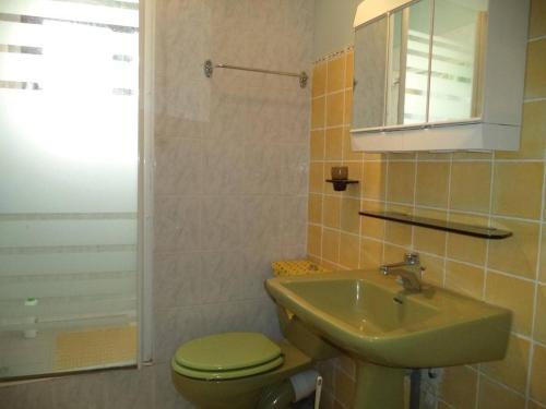 La salle de bains est pourvue de toilettes vertes et d'un lavabo. dans l'établissement NP480-034 Appartement 3 pièces, Narbonne Plage, à Narbonne-Plage