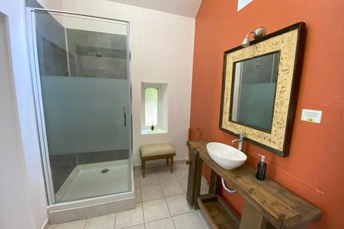 une salle de bain avec une douche, un lavabo et un miroir dans l'établissement La maison du gardien, à Sillé-le-Philippe