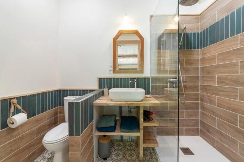 a bathroom with a sink and a shower at Le Nid de Bluenn in Vosbles