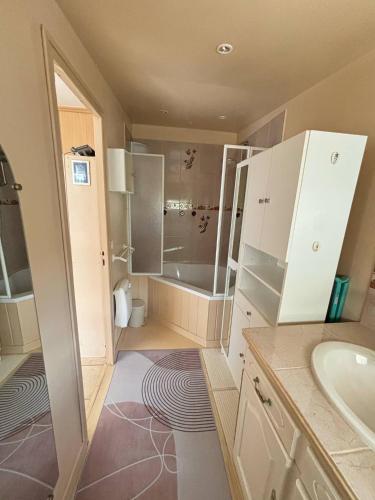 une salle de bain avec une douche, un lavabo et une baignoire dans l'établissement Maison, à La Celle-sous-Gouzon