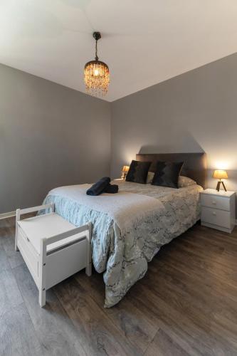 une chambre avec un grand lit et un lustre dans l'établissement L'Aromate - Grand Appartement Centre Ville, à Vichy