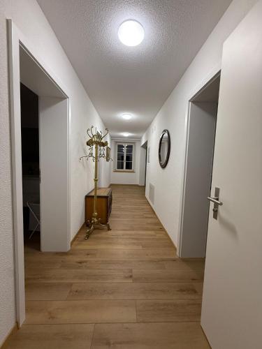 a hallway with white walls and wooden floors and a room with a hallway at BERNA,Signau XXL in Signau