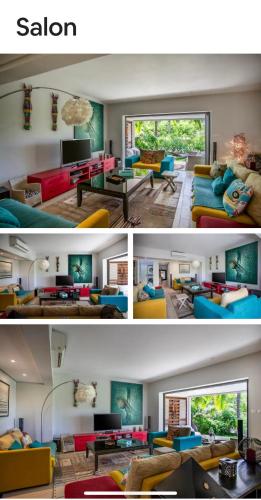 two pictures of a living room with different colored couches at Le Gouzou in Tamarin