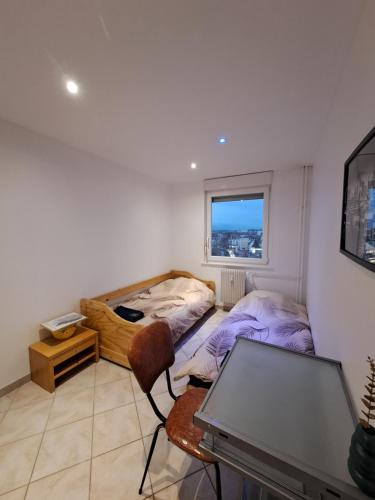 a bedroom with two beds and a desk with a laptop at Green room in Mulhouse