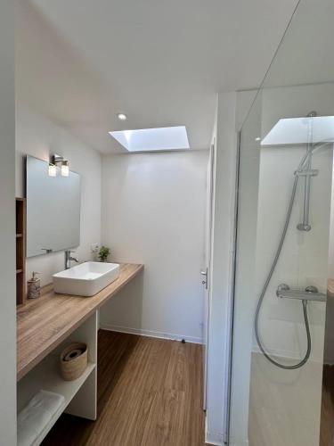 une salle de bain avec un lavabo et une douche dans l'établissement Casa Majour - Duplex coeur de ville - T2 - Climatisé, à Brive-la-Gaillarde