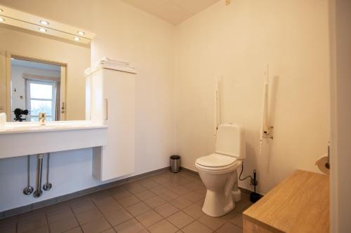 a bathroom with a toilet and a sink and a mirror at Hotel Korning in Horsens