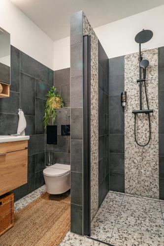 a bathroom with a shower with a toilet and a sink at STING Boutique Apartments in Ostrava