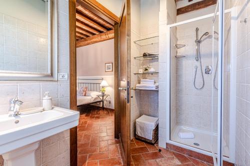une salle de bain avec douche et lavabo dans l'établissement Affitti Brevi Siena - Le Rose Appartamento in Toscana con piscina da sogno, à Asciano
